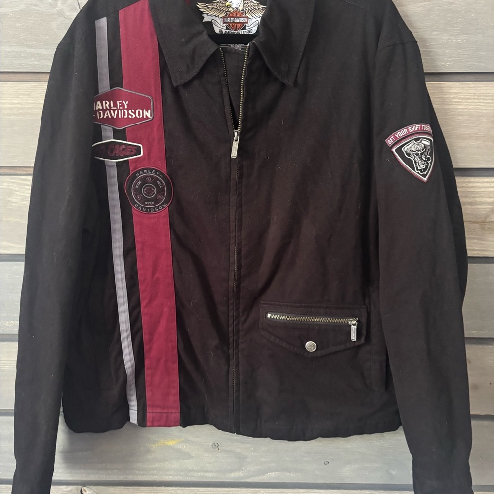 Harley-Davidson Men's Black Jacket with Red and Gray Stripes
